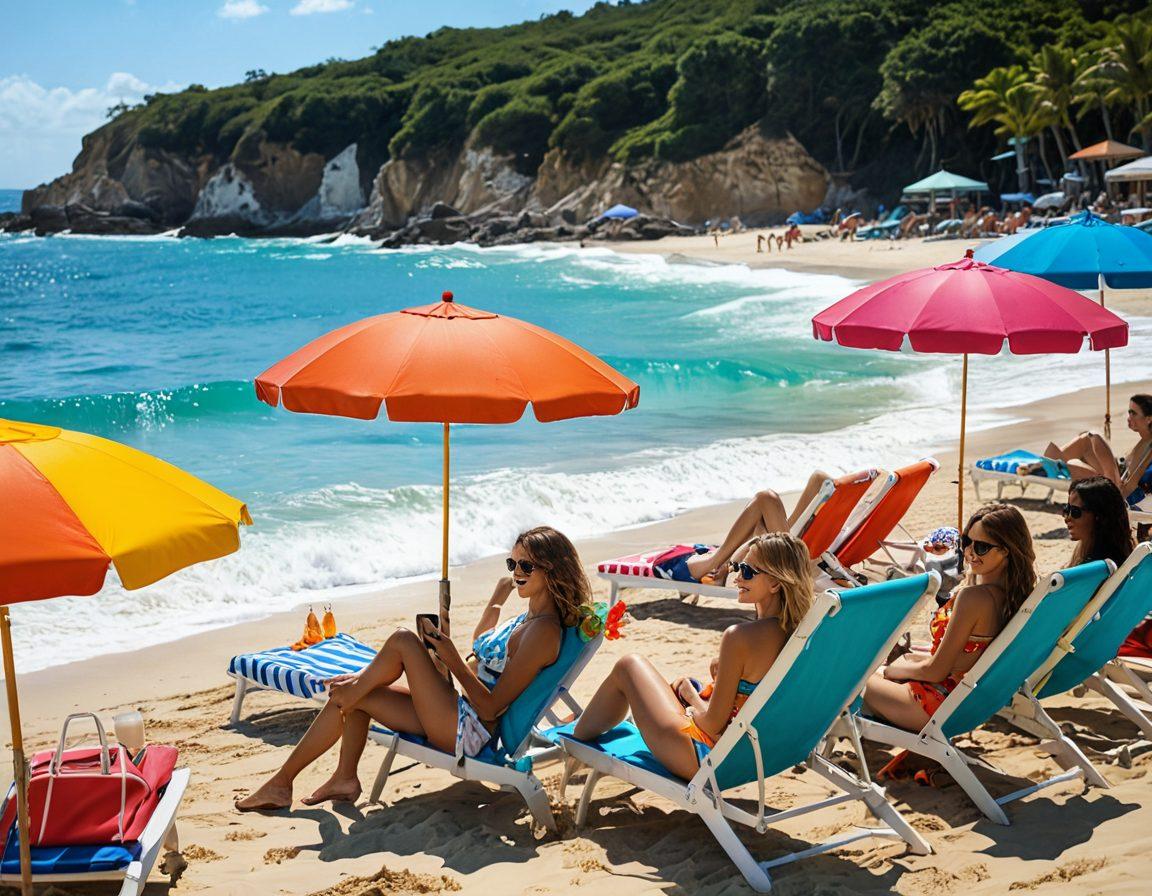 A vibrant beach scene featuring stylish women in trendy bikinis, joyfully lounging under colorful umbrellas with the ocean in the background. Include elements of a film set, like a director's chair and camera, seamlessly blending fashion and cinema. The mood is fun and energetic, capturing a summer vibe. The scene should be filled with bright colors and playful details. super-realistic. vibrant colors.