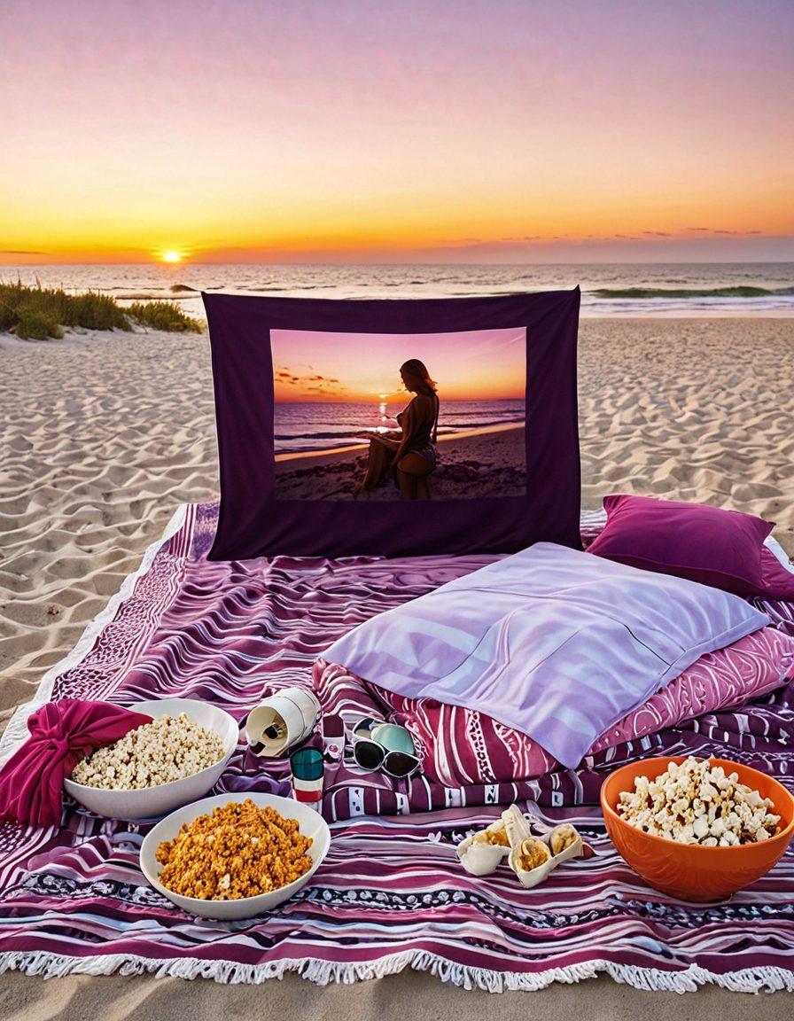 A vibrant beach scene featuring stylish swimwear laid out on a colorful beach towel, paired with popcorn, a cozy blanket, and a vintage projector casting a classic movie onto a makeshift screen. The sun is setting, casting warm hues across the sky. Vibrant colors. summer vibes. super-realistic.
